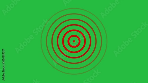 Red radio wave looping on green screen background. Red radial circle on chroma key green screen alpha channel background