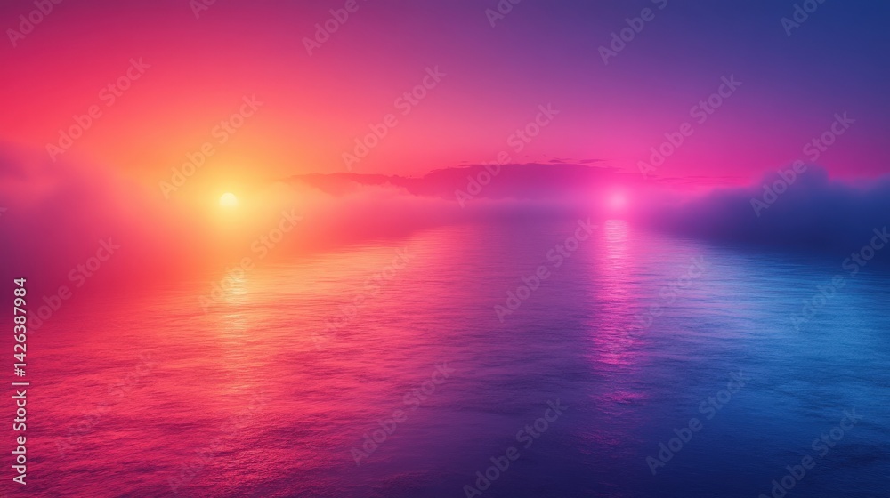 Fototapeta premium Surreal Seascape with Vibrant Sunset Hues and Misty Reflections over the Water