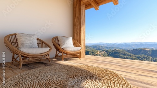 Serene Mountain View from Rustic Patio with Wicker Chairs