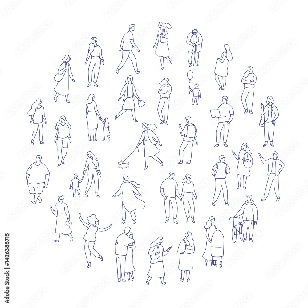 Line art city people crowd big bundle isolated on white. Hand drawn City People vector set. Male and female characters set