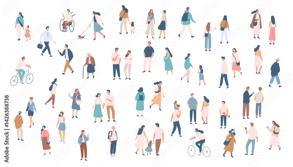People crowd. Background flat design people vector bundle isolated on white background. Men and women, parents, kids walking outdoor.