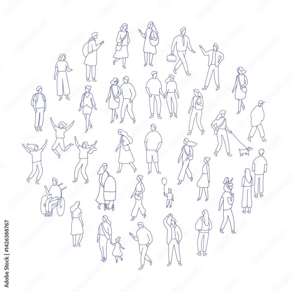 Line art city people crowd big bundle isolated on white. Hand drawn City People vector set. Male and female characters set