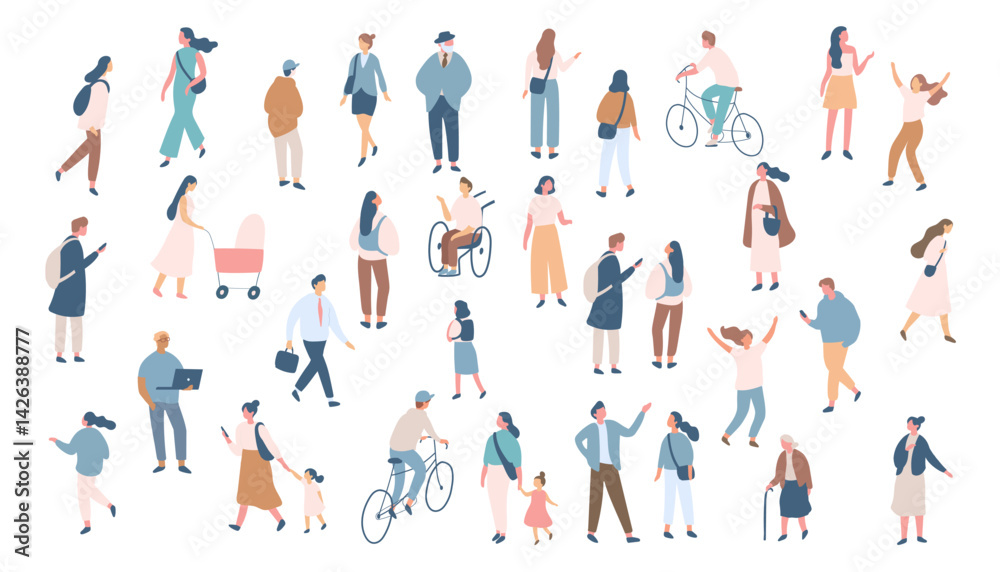 People crowd. Background flat design people vector bundle isolated on white background. Men and women, parents, kids walking outdoor.