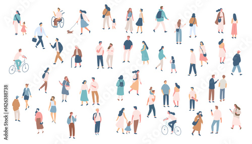 Obraz na płótnie People crowd. Background flat design people vector bundle isolated on white background. Men and women, parents, kids walking outdoor. w salonie