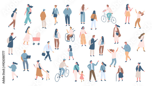 Obraz na płótnie People crowd. Background flat design people vector bundle isolated on white background. Men and women, parents, kids walking outdoor. w salonie