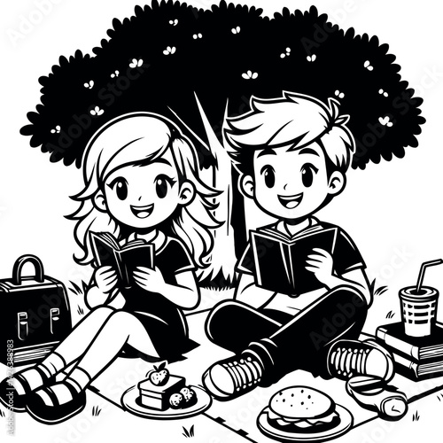 A happy teenage boy and girl are having a relaxing picnic with food and books under a shady tree