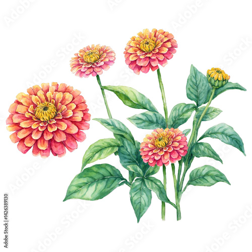 Wallpaper Mural Cheerful zinnia flowers with vibrant leaves watercolor art illustration transparent background isolated png stock Torontodigital.ca