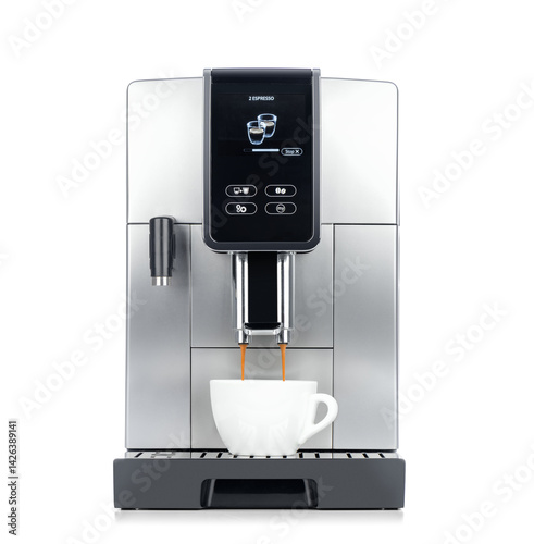 Modern automatic coffee machine with digital display brews double espresso into white cup, isolated on a transparent background PNG. Front view.