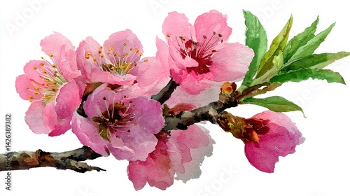 Watercolor painting of delicate pink flowers in bloom on a branch, showcasing intricate details and soft hues.