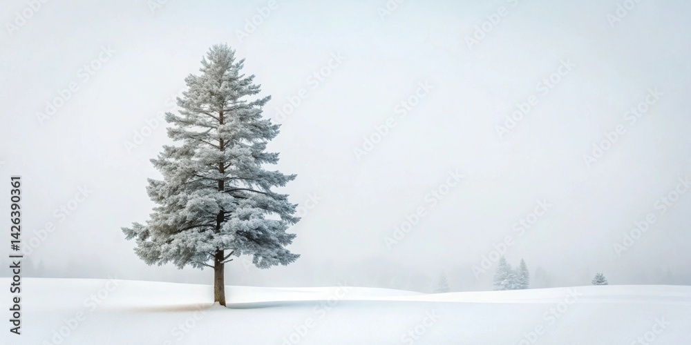 Fototapeta premium Serene Winter Landscape A Single Snow-Covered Evergreen Tree Stands Alone in a Foggy Field