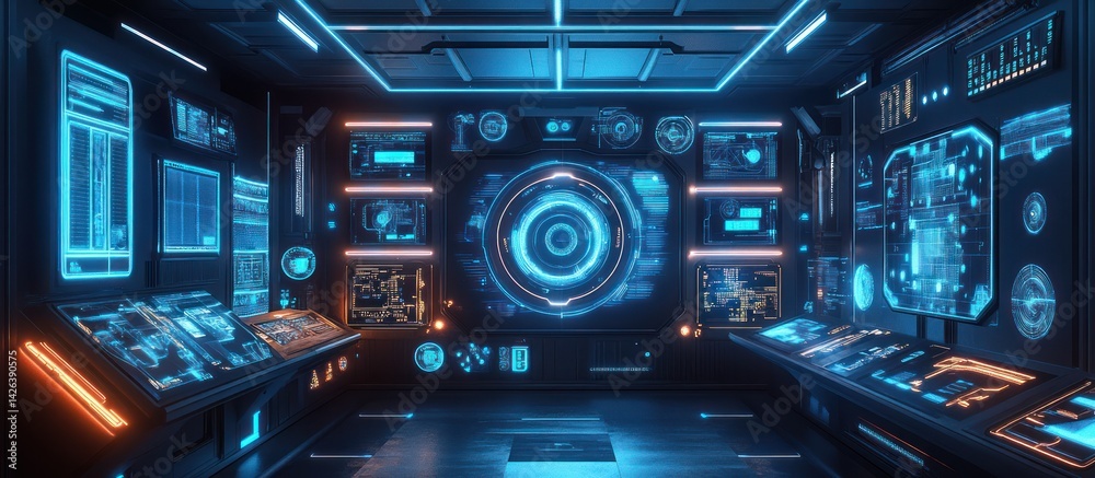 Futuristic Control Room with Digital Displays Futuristic Control Room with Digital Displays