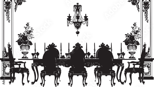 Elegant classic dining room interior silhouette with ornate furniture chandelier and floral decor