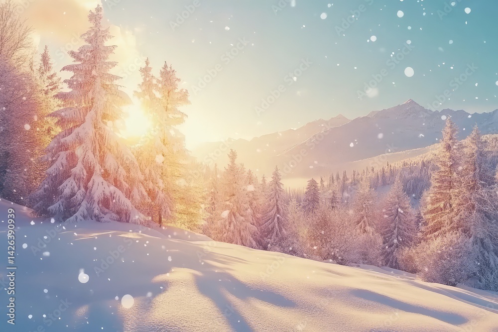 Fototapeta premium Sunlit winter landscape; snow-covered trees and mountains