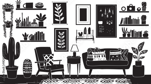 Black and white illustration of a cozy living room interior with plants, sofa, armchair, shelves, and wall art