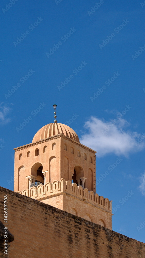 Obraz premium Stone dome on the top of a tower, in the Great Mosque of Kairouan in Kairouan, Tunisia