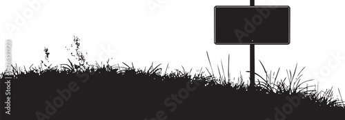 Silhouette of grass and a blank signpost on a small hill isolated on white background