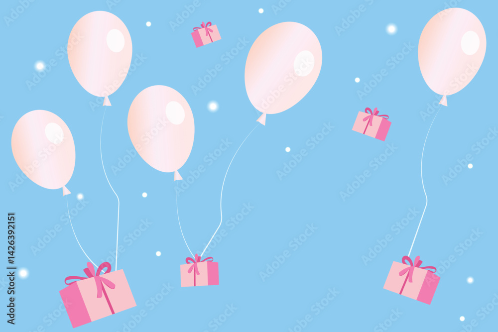 Bright vector background with pink balloons and gift boxes. Clean space on the right side perfect for adding your own text or design. Great for celebrations and promotions.