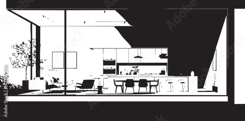 Black and white modern open living room and kitchen interior with dining area and furniture