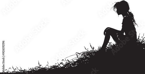 Silhouette of a girl sitting on a grassy hill in nature, enjoying a peaceful moment alone.