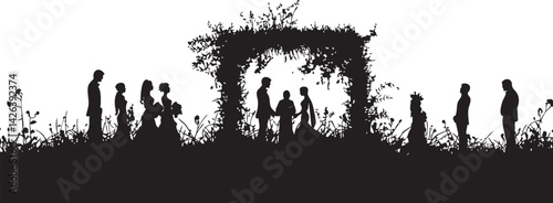 Silhouette of a wedding ceremony outdoors with bride and groom under floral arch surrounded by guests