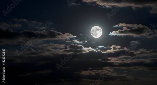 Fototapeta Naklejka Na Ścianę i Meble -  AI image featuring a bright full moon shining intensely through patches of scattered, dark clouds across the vast night sky