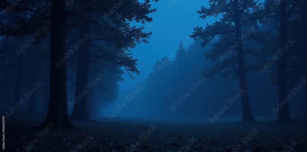 Obraz premium Dark blue abstract background with gradient of black and mysterious forest at night, trees, woods