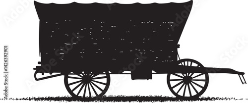 Silhouette of an old-fashioned covered wagon with wooden wheels and canvas cover in side view