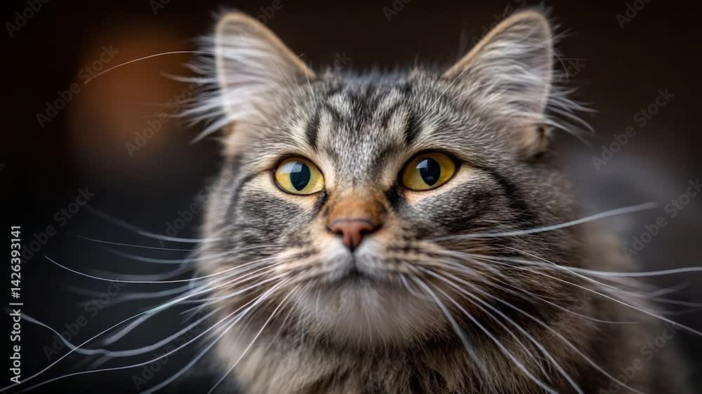 Fluffy striped cat with bright eyes and long whiskers stares upward Fluffy striped cat with bright eyes and long whiskers stares upward