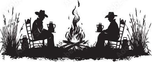 Silhouette of two cowboys sitting on chairs around a campfire drinking, surrounded by grass and firewood outdoors.