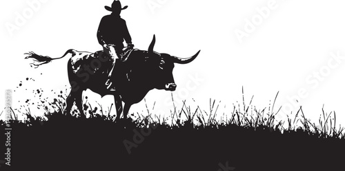 Silhouette of a cowboy riding a bull through grassy terrain in a western outdoor setting