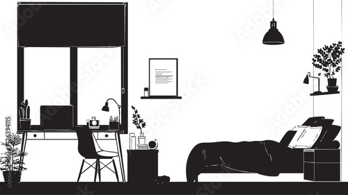 Minimalist bedroom and workspace interior with desk, chair, bed, plants, and modern lighting