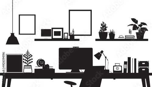 Silhouette of a modern home office workspace with desk, computer, lamp, plants, books, and shelves