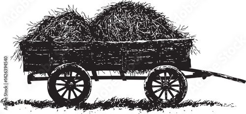 Black and white silhouette of a wooden farm wagon loaded with hay bales in a rural agricultural setting