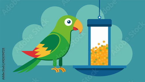 A curious parrot approaches its specialized feeder filled with a mix of seeds and pellets programmed to release at specific intervals throughout the. Vector illustration