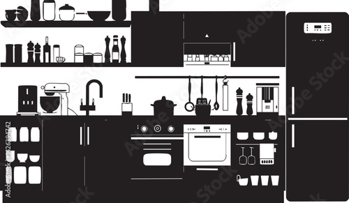 Black and white silhouette of modern kitchen interior with cabinets appliances and utensils
