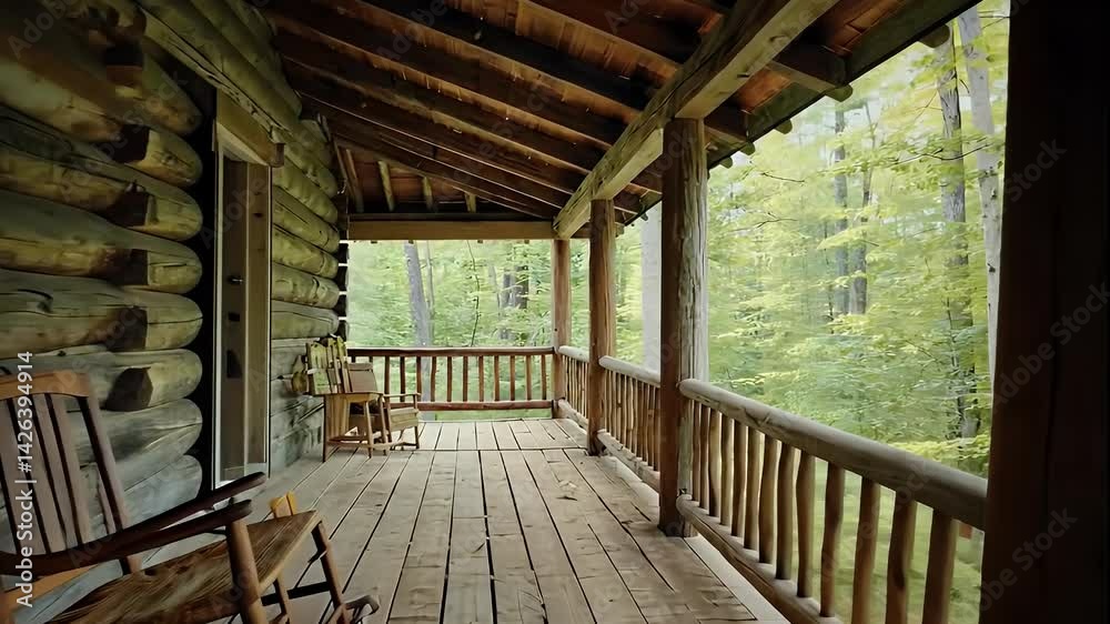 Rustic Log Cabin Porch with Rocking Chair and Forest View Rustic Log Cabin Porch with Rocking Chair and Forest View