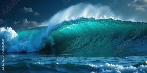 Dark ocean wave with blue crest and green undertow, nature, environment