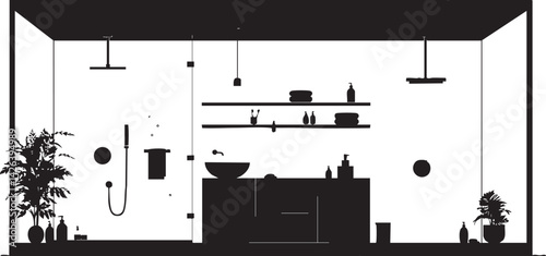Black and white silhouette of a modern bathroom interior with sink, shower, shelves, and plants