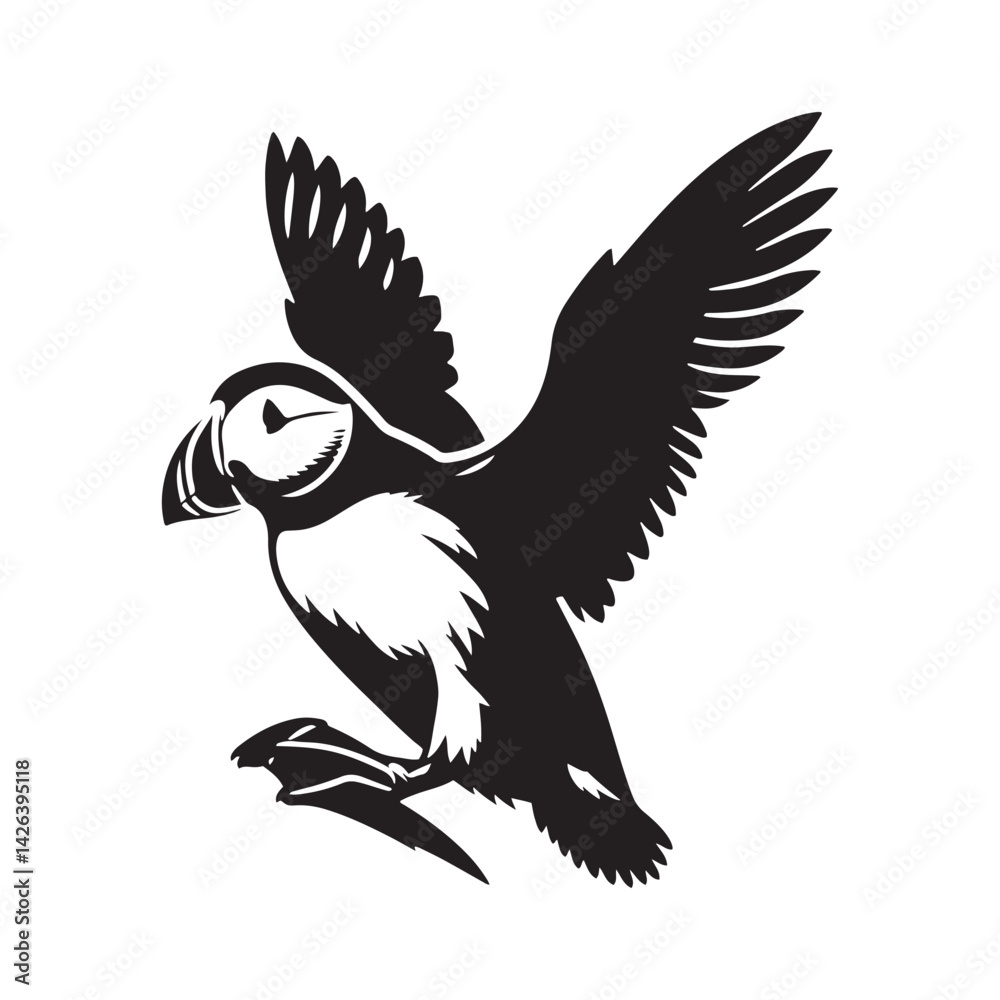 Fototapeta premium Silhouette of Atlantic puffin - Minimalist Atlantic puffin Vector - Atlantic puffin art - Black and White Atlantic puffin Illustration.
