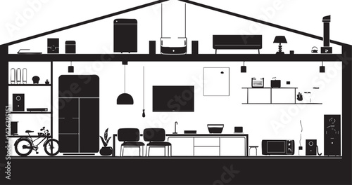 Black and white silhouette of modern house interior showing various furniture and household appliances