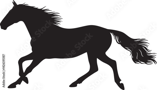 Silhouette of a running horse with flowing mane and tail on a white background