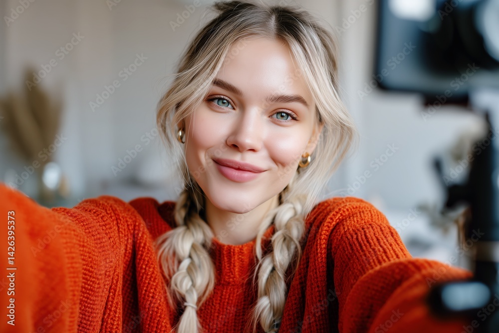 happy female influencer young woman taking selfie at home with smartphone