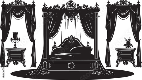 Silhouette of a luxurious vintage bedroom interior with canopy bed and ornate curtains