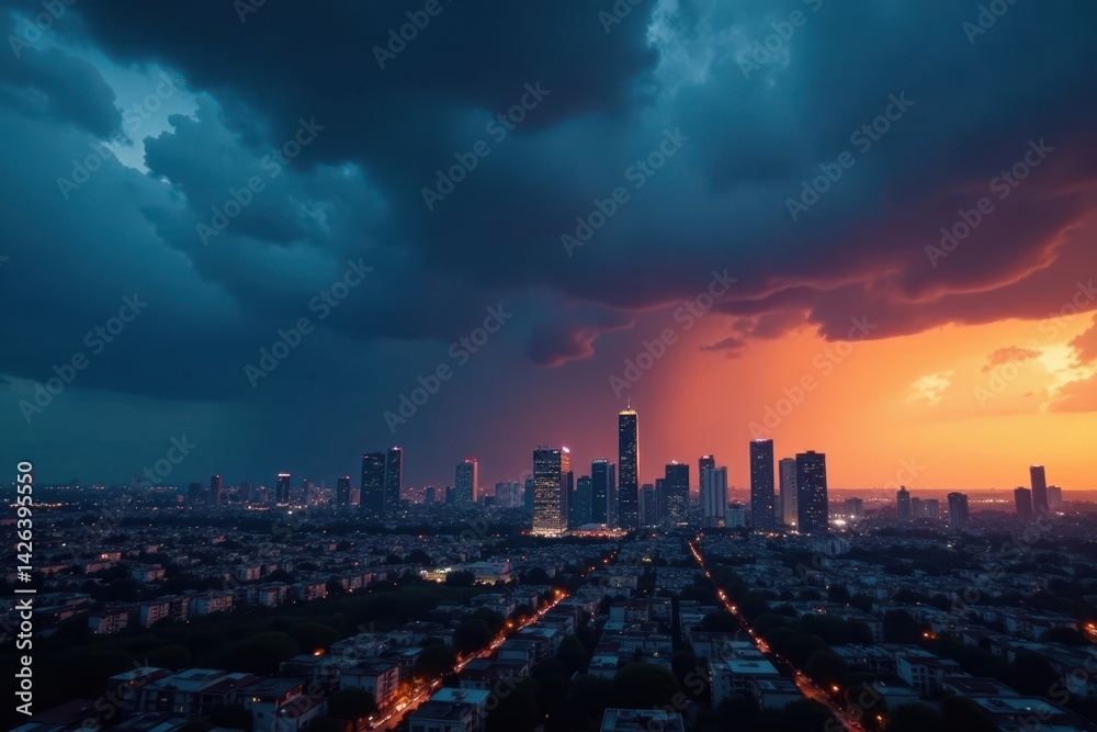 Fototapeta premium Dark storm clouds gather over city skyscrapers at dusk , thunder, night sky