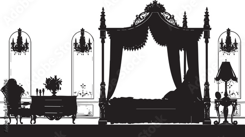 Silhouette of a classic bedroom interior featuring a canopy bed, elegant furniture, and decorative elements