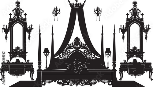 Silhouette of an ornate antique bedroom set with canopy bed and matching mirrors in classic style