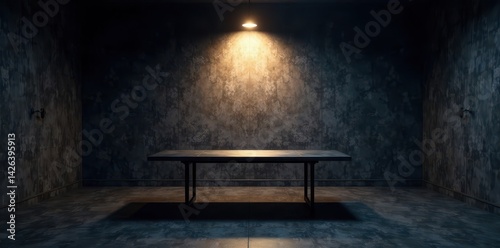 Dark walls, single bright light overhead, metal table in center of room, police station, fluorescent lighting