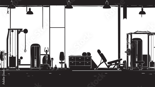 Silhouette of modern gym interior with various fitness equipment and workout machines