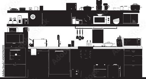 Silhouette of a modern kitchen interior with appliances cupboards and kitchenware neatly arranged