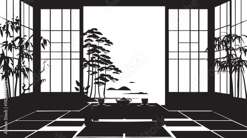 Minimalist traditional Japanese room interior with tatami flooring, low table, tea set, bamboo plants, and shoji windows creating a serene ambiance.